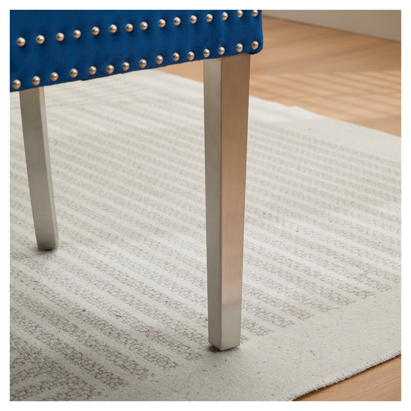Banc de salle à manger en velours avec dossier touffeté à la main en velours bleu, Blue, Silver