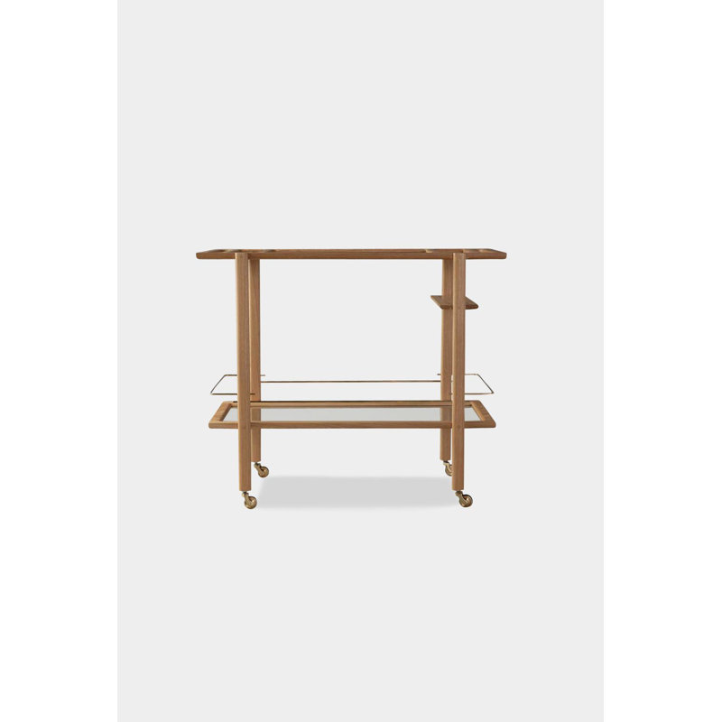 Solid Wood Bar Cart with Wheels, White Oak/Brass