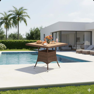 Table de salle à manger en rotin toutes saisons avec plateau en bois d'acacia