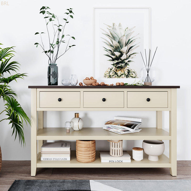 Console rustique avec 2 tablettes ouvertes et 3 tiroirs Cevat, Beige, Espresso, H 30 po x l 50 po x P 16 po