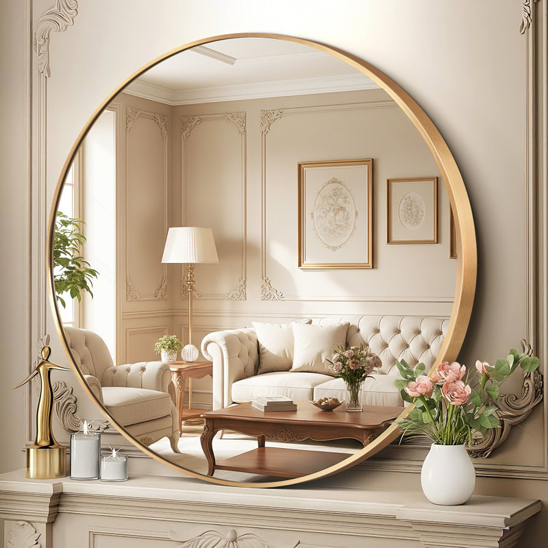 Round Metal Framed Mirror, Gold, 35.4" x 35.4"
