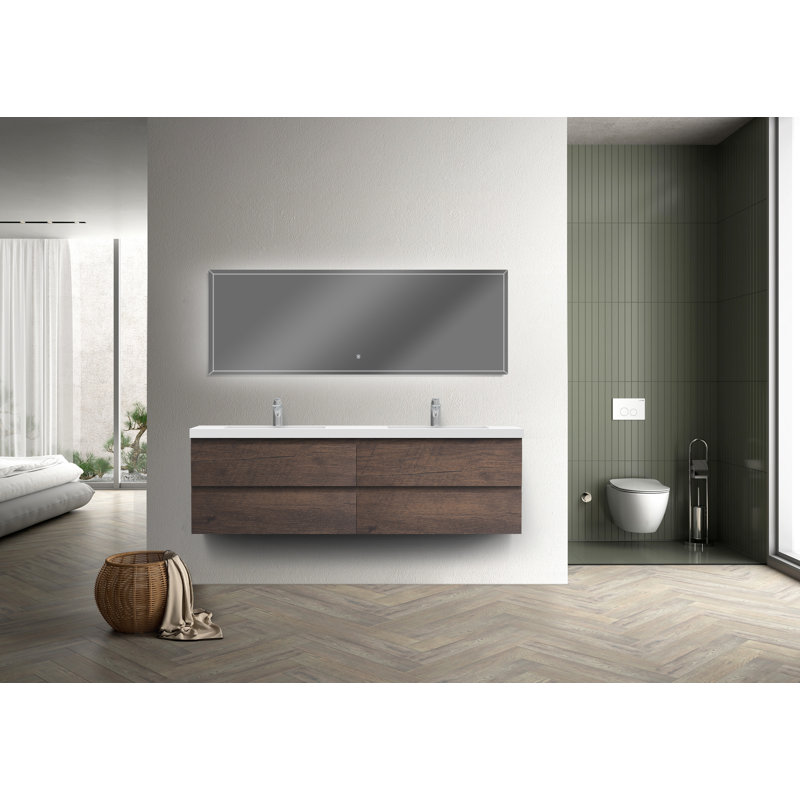 Angela 72 inch Fully Assembled Double Floating Bathroom Vanity with Solid Surface Sink, Rose Wood