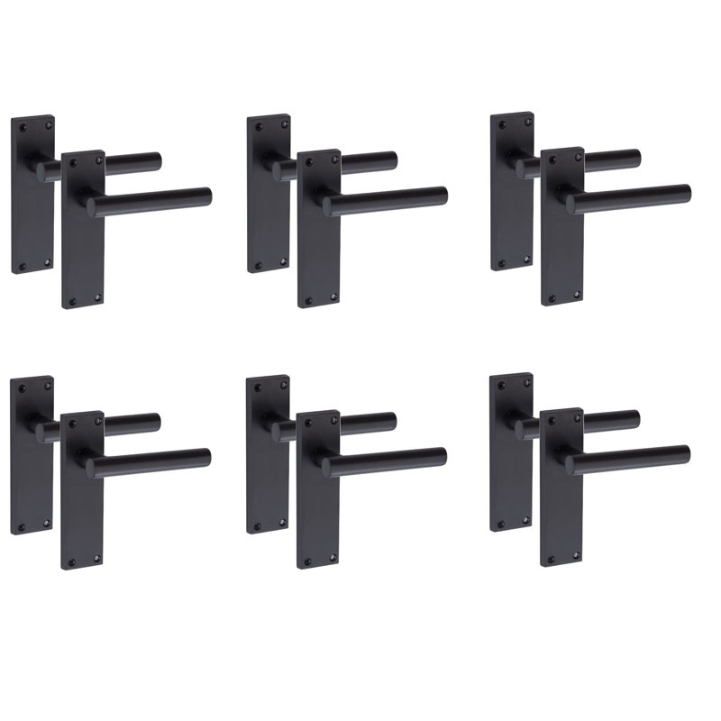  6 Pairs T-Bar Lever Backplate Door Handle Matt Black Finish - 150mm x 40mm