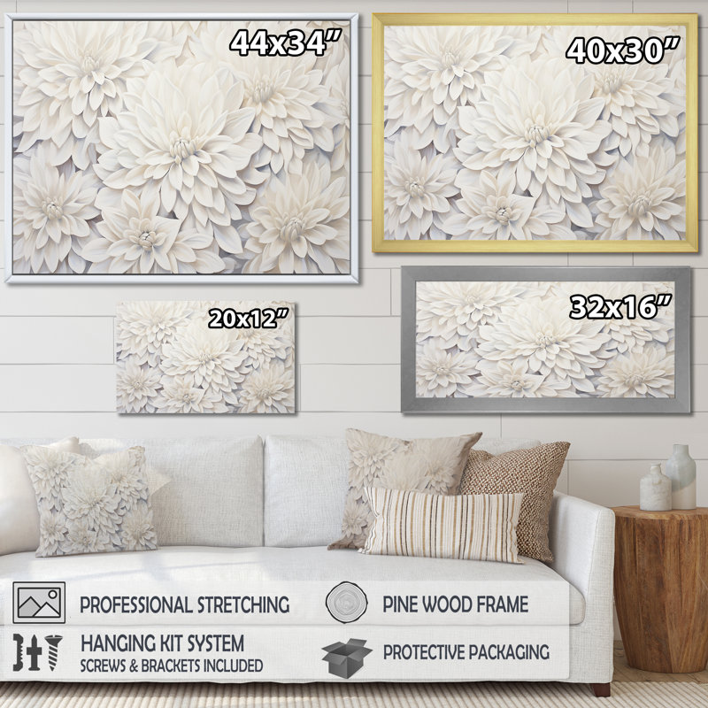 «White Dahlia Charm Collage», art mural Dahlia, H 34 po x l 44 po x P 1,5 po, Cadre flottant doré