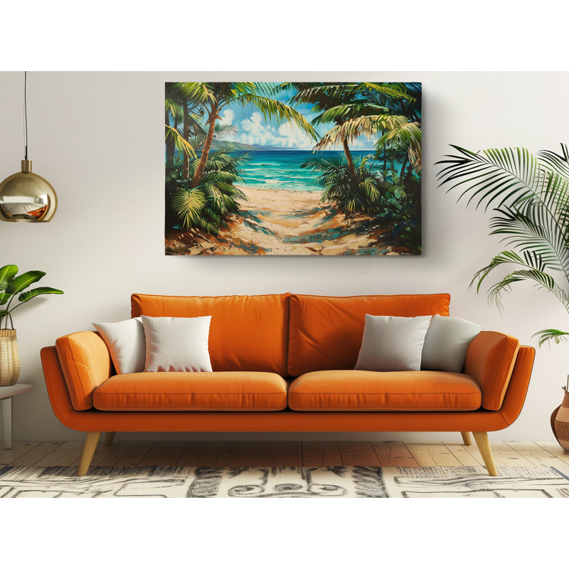 «Paintinf of Beach with Palm Trees», reproduction sur toile, H 30 po x l 45 po