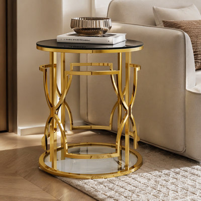 Table d'appoint ronde dorée de luxe 19,7 po avec plateau en verre trempé et tablette de rangement, table de bout moderne avec cadre en métal pour salon, chambre à coucher, canapé, table d'appoint pour petit espace