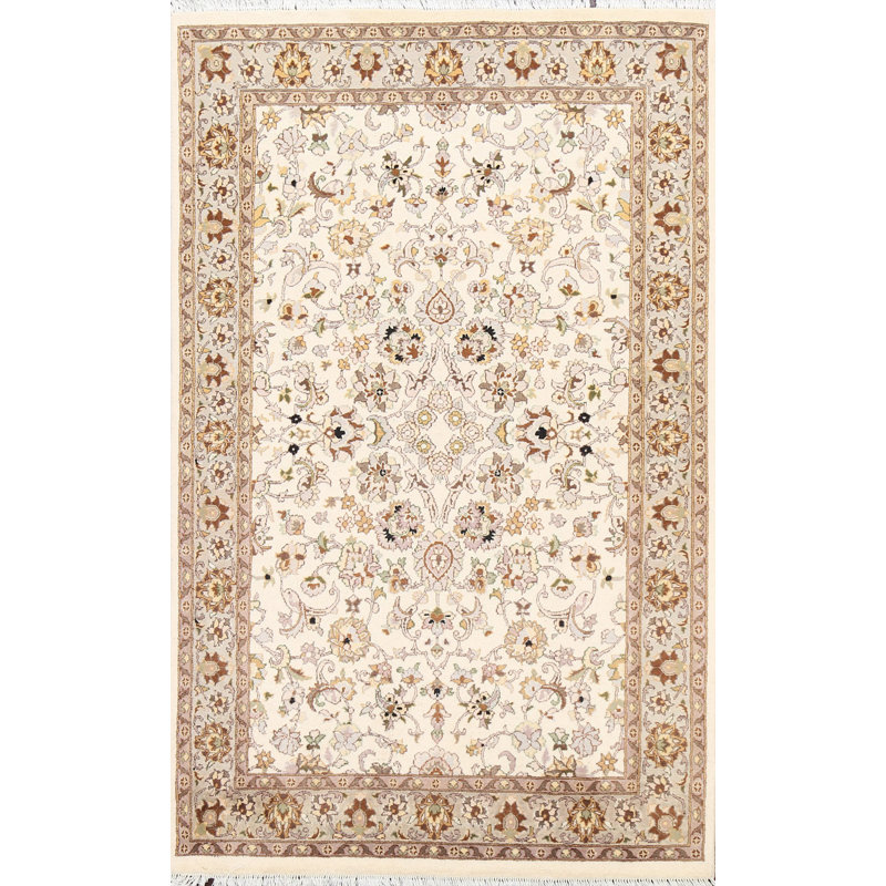 Tapis beige / ivoire noué à la main de conception unique 3 pi 11 po x 6 pi 4 po New Age