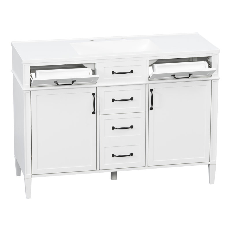 Meuble-lavabo autoportant de 122 cm (48 po) avec comptoir en composite, 4 tiroirs et 2 portes à fermeture amortie, blanc