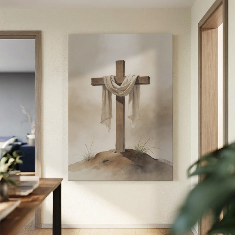 Croix en bois drapée, style rustique chrétien, toile imprimée 61 x 91 cm (24 x 36 pouces), finition galerie, marron et blanc, idéale pour la salle de prière, le salon ou l'entrée.