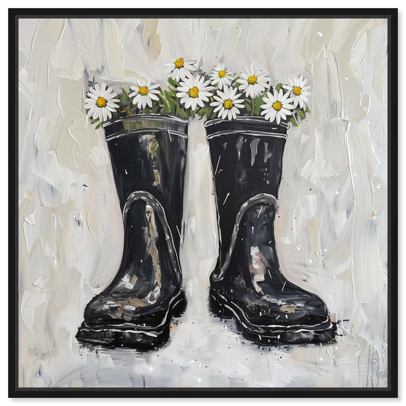 Rainboots and Daisies Chic Farmhouse, art mural par Art Remedy, Cadre noir, H 13 po x l 13 po