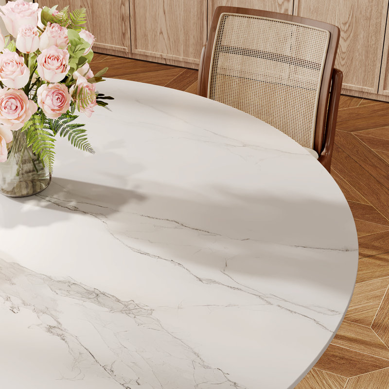 Farmhouse Glossy Sintered Stone Round Dining Table Solid Wood Pedestal Base For Kitchen & Dining Room, White/Gray