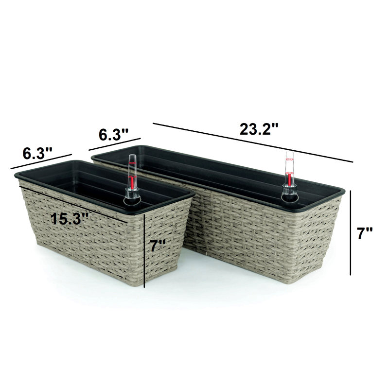 Paquet de 2 pots à fleurs rectangulaires intelligents pour l'intérieur et l'extérieur - Osier tissé à la main, Gray