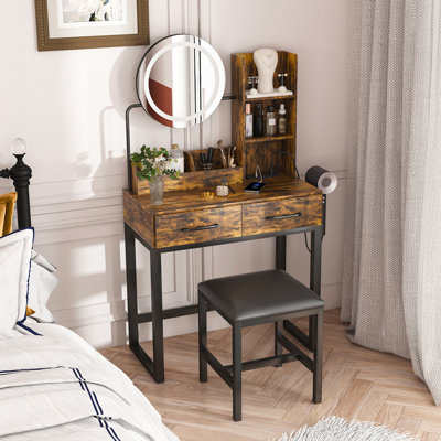 Makeup Vanity with LED Lights&3 Color and Power Outlet Makeup Vanity Table with 2 big Drawers with Sturdy Metal Leg and Metal Chair ,Dressing Table for Bedroom Dressing Room (brown)