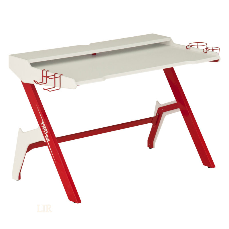 Bureau de jeu ergonomique pour ordinateur avec porte-gobelet, crochet pour casque d'écoute et tablette pour deux écrans