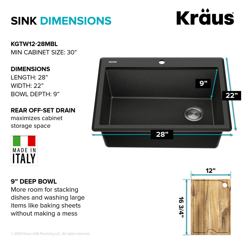KRAUS Bellucci 28” Granite Workstation Drop In Top Mount Single Bowl Kitchen Sink with Accessories, 28" Length