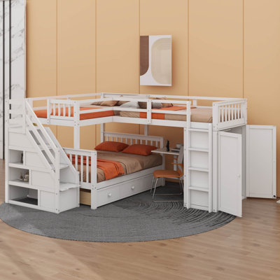 Lit simple superposé simple au-dessus de L en forme de L avec 3 tiroirs, bureau portable et garde-robe, lit superposé en bois avec échelle