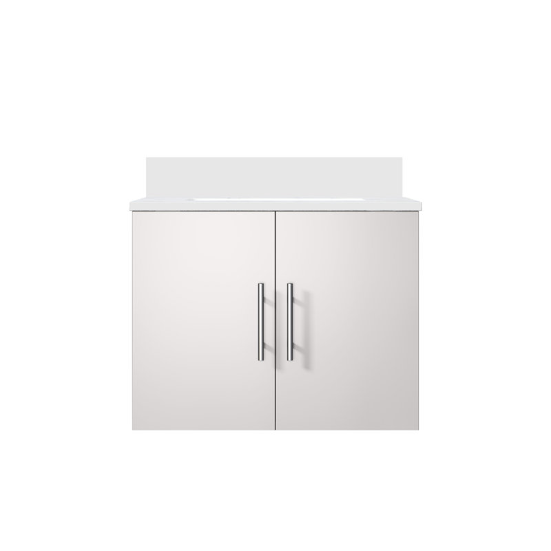 Meuble-lavabo simple 24 po avec plateau Geneva, Blanc lustré, Quartz blanc