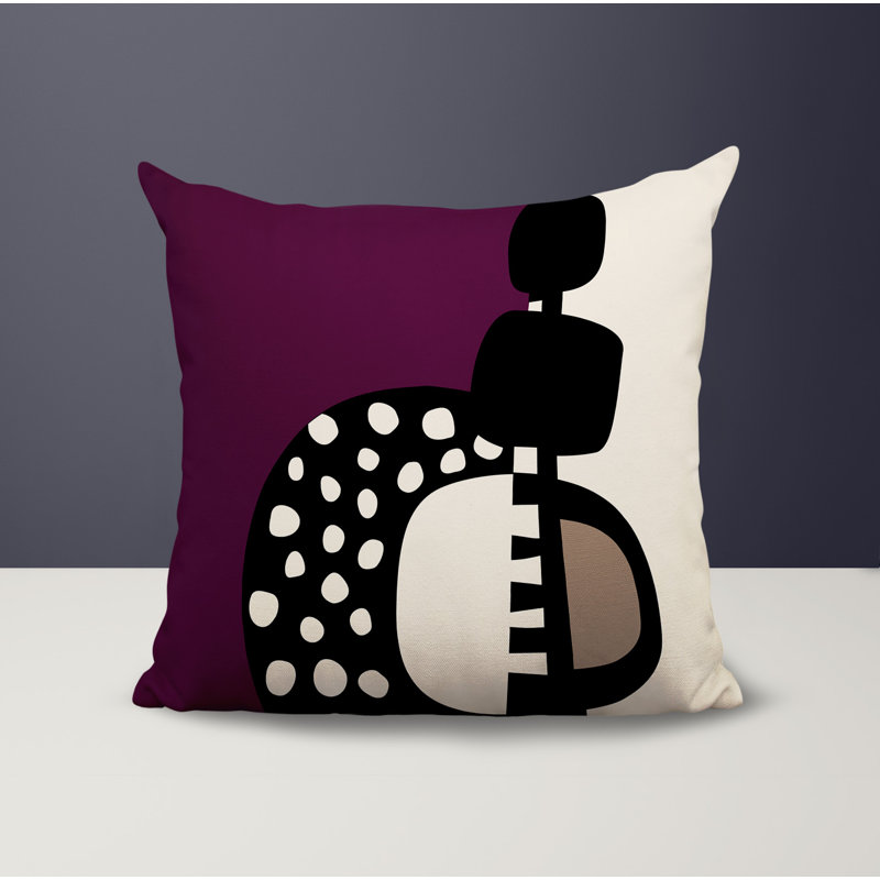 Oreiller carré réversible intérieur / extérieur Khari, H 15 po x l 15 po, Mauve / noir / blanc cassé abstrait