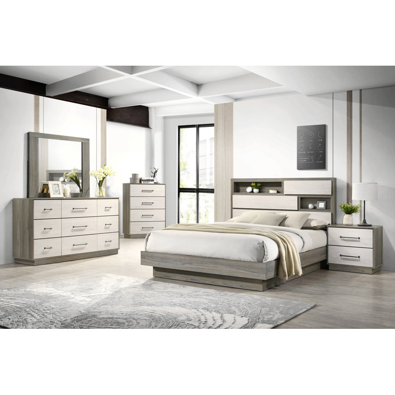 Lit gemme de style moderne en bois beige et brun, Très grand lit