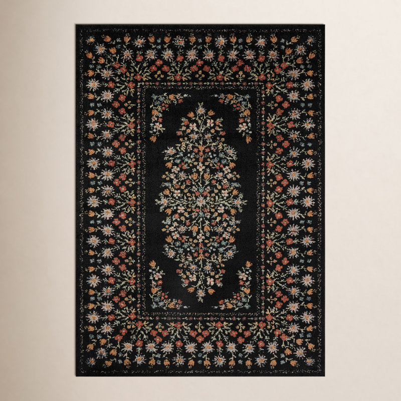 Tapis noir Rifle Paper Co. x Loloi Laurel, Rectangle 7 pi 10 po x 10 pi