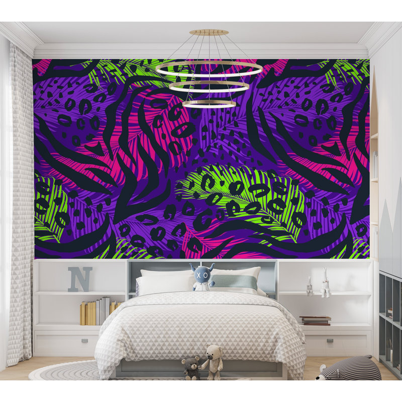 Murale pelez et collez de qualité supérieure - feuilles néon tropicales, L 180 po x L 120 po