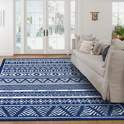 5X7 Moroccan Navy Blue Area Rugs, Washable Aztec Tribal Geometric Rug For Living Room Bedroom, Large Non-Slip Bohemian Modern Ethnic Floor Carpet Rug For Dining Room, Classroom Nursery Dorm Decor