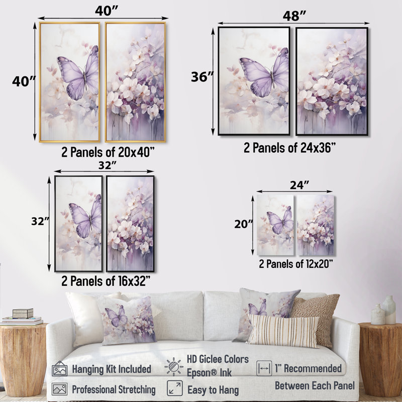 Papillon mauve Enchanted Flight II - ensemble de 2 impressions sur toile modernes, Noir, H 36 po x l 48 po