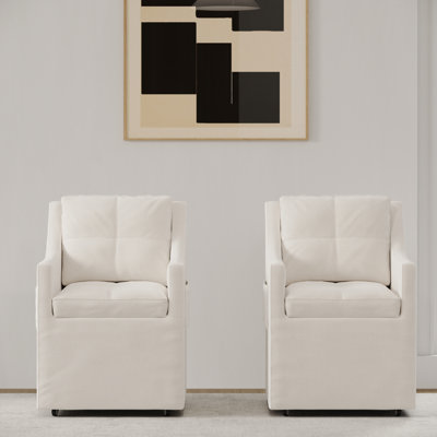 Chaise de salle à manger rembourrée en lin blanc avec poche latérale et roulettes, ensemble de 3
