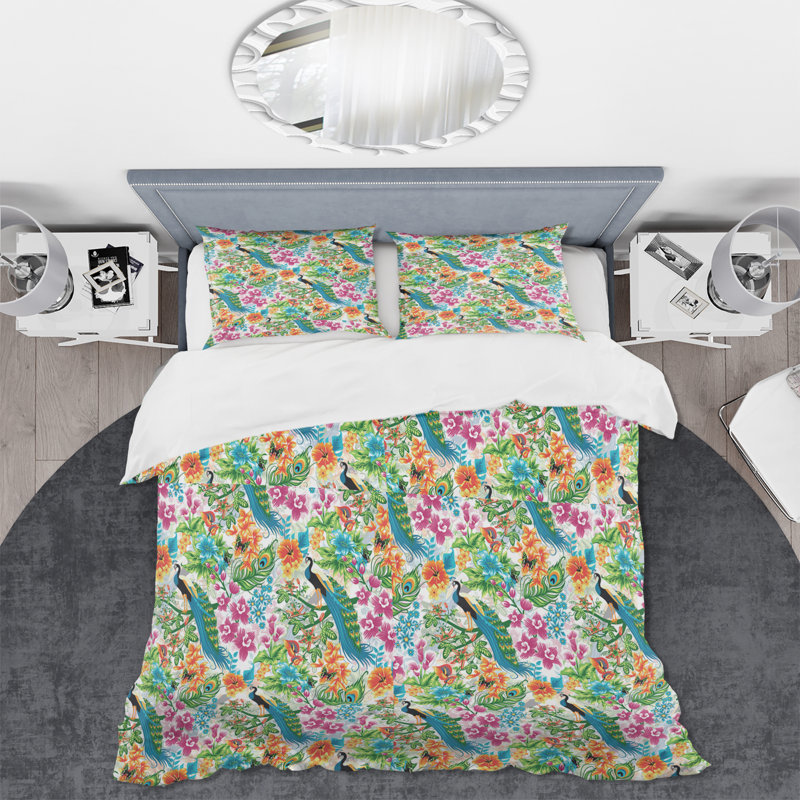 Paons bleus et feuillage vert - ensemble de housse de couette tropical - polyester en microfibre