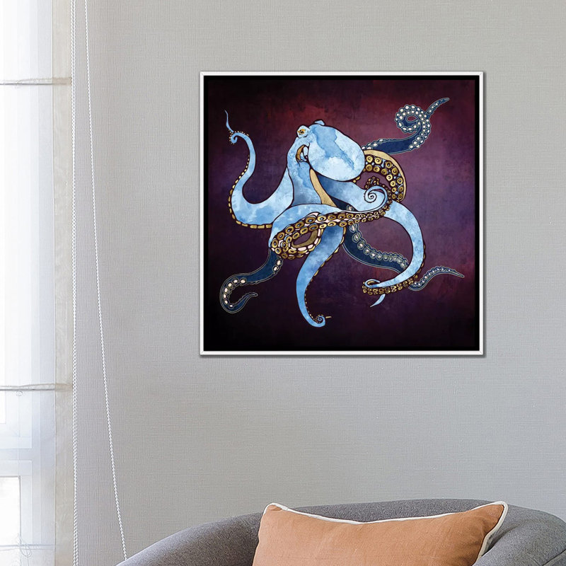 Pieuvre métallique Iii - impression d'art graphique, 26" H x 26" W x 1.5'' D, White Framed, Pas de tapis