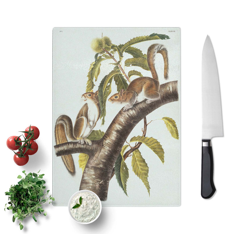 Tempered Glass Carolina Grey Squirrels by J.W. Audubon Chopping Board, 28.5cm W x 20cm L