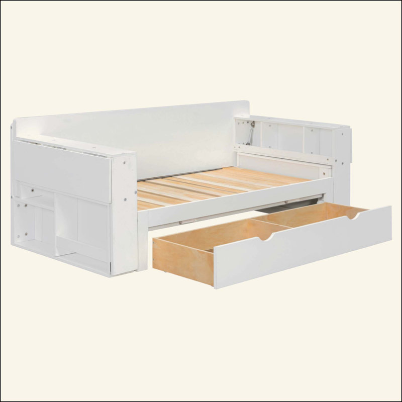 Lit de jour avec bureau amovible, tiroirs de rangement et table d'appoint hydraulique, Blanc, Double