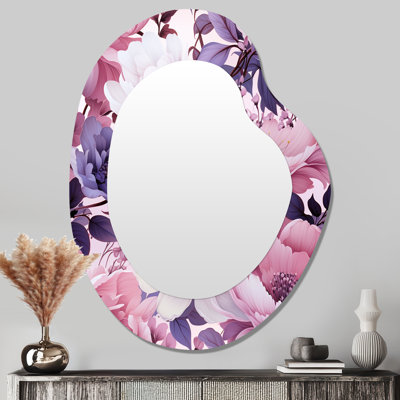 Printemps, fleurs mauves, motif botanique III - grand miroir mural de forme unique floral, miroir asymétrique Cottage, impression sur métal