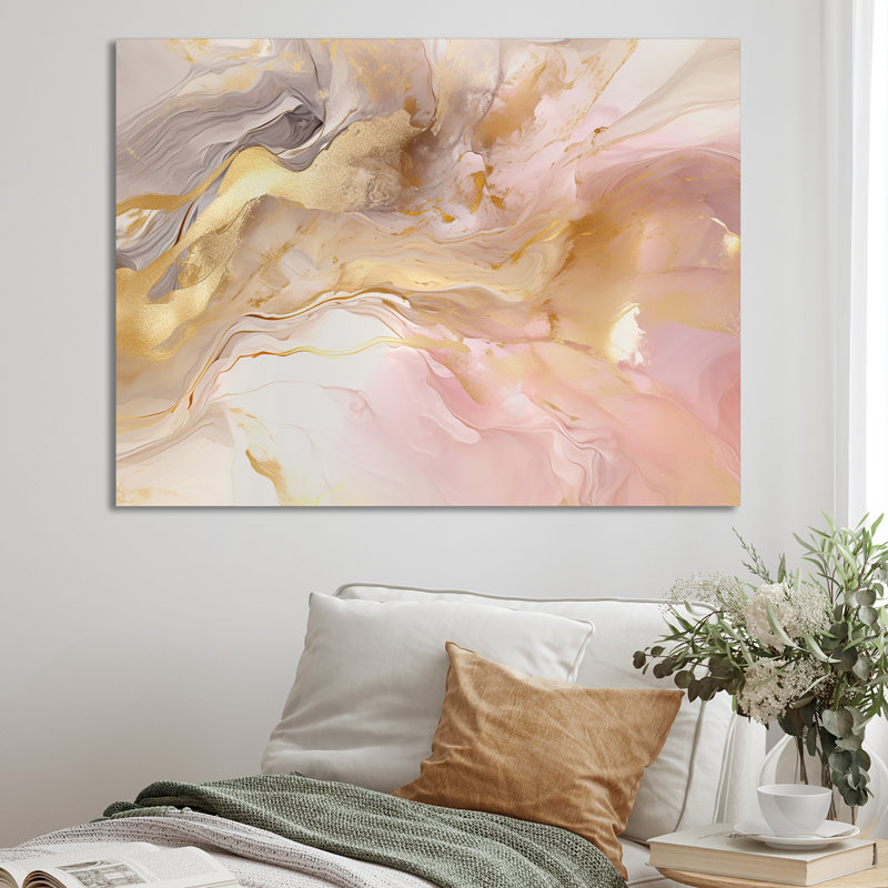 Exquis symphonie abstraite rose et pastel doré I - art abstrait de peinture murale pour le salon, Toile tendue