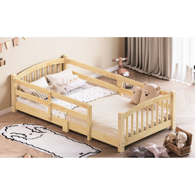 Lit au sol, simple, en bois massif, garde-corps, sans porte, facile à assembler, idéal pour la construction en bois de la chambre à coucher, support à lattes, favorise le sommeil indépendant