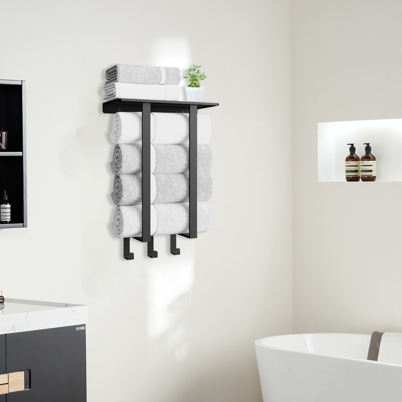 Porte-serviettes mural, porte-serviettes avec tablette et 3 crochets, porte-serviettes, Noir