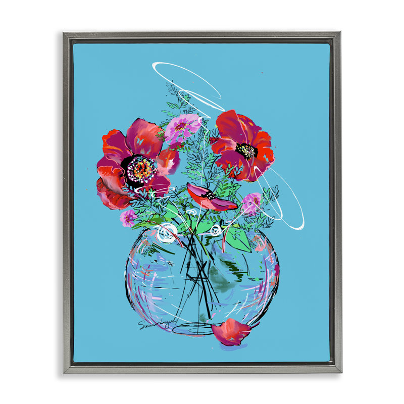 Vivid Poppies in Vase, cadre flottant, design par Susan Lugar, H 31 po x l 25 po, Cadre flottant gris lustré