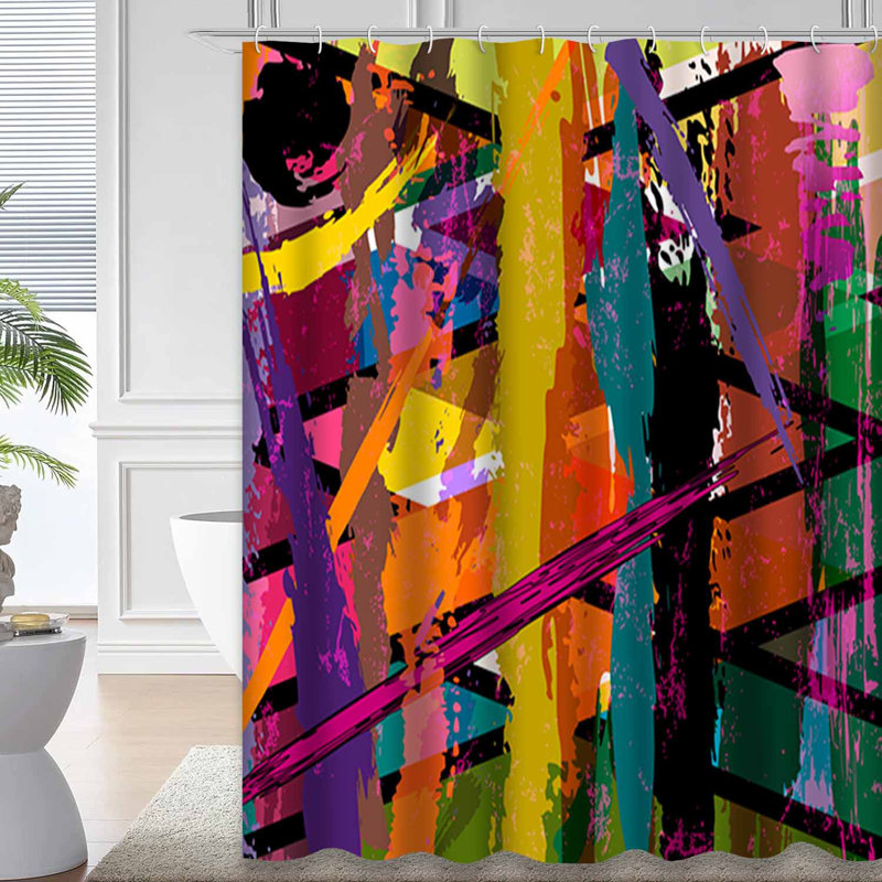 Abstract Strokes Splashes Lines White Shower Curtain with 12 Hooks, 72" L x 84" W