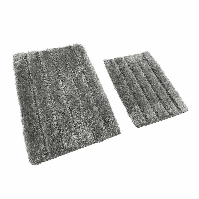 2 Piece Bath Mat Set - Ivory Solid Striped Bathroom Mat Soft Plush Thick, Gris