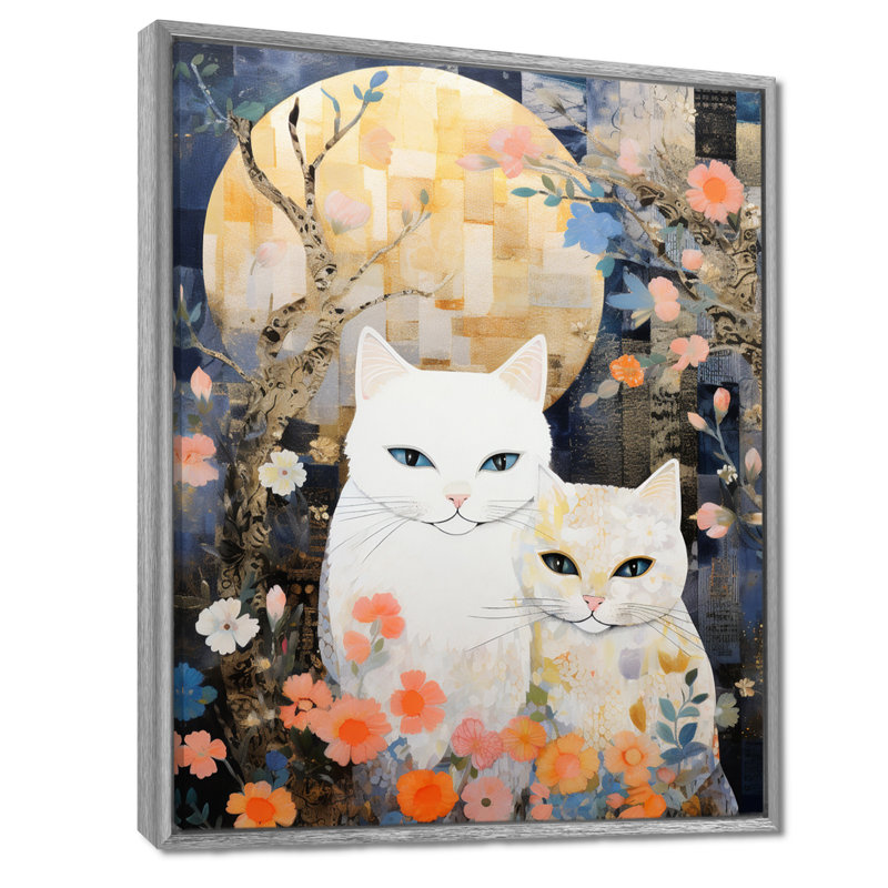 Adorable art mural «Chats blancs» à la pleine lune, Toile avec cadre argenté, H 32 po x l 16 po x P 1 po