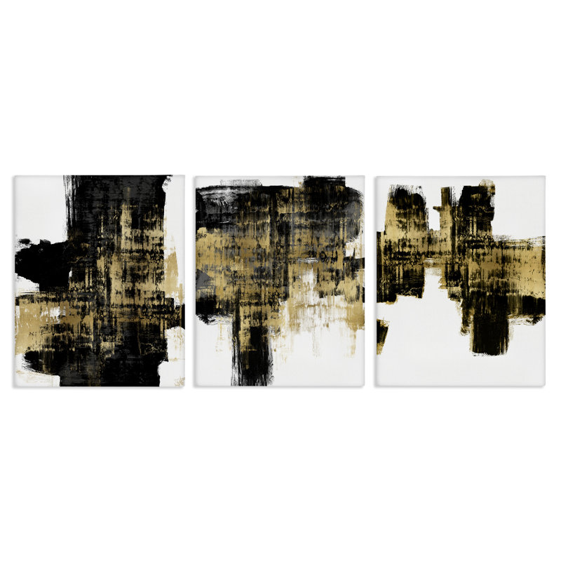 «Bold Black Brushstrokes Golden Distress Accent» par Alex Wise - ensemble de 3 impressions, H 20 po x l 16 po