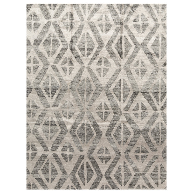 Tapis gris foncé et beige noué à la main de haute qualité