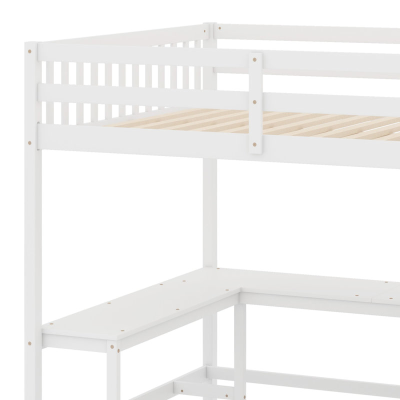 Lit mezzanine avec bureau en L, tablettes de rangement et escalier de rangement attaché, blanc