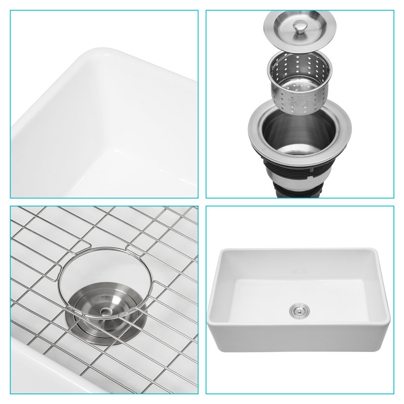 33" Ceramic Sink - White Apron Front Basin For Kitchen, Highly , Heat & Scratch , Stain , Easy To Cleanse Completely, 33X20x10 Inch With Reduced Sound Vibration Feature 33 Single Bowl Heatproof,