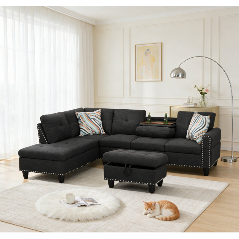 Canapé modulaire réversible en L avec repose-pieds avec rangement, canapé en lin capitonné avec garniture de rivets, canapé d'angle 4 places pour petit salon à gauche