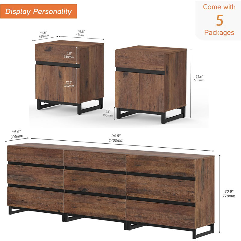 Lirah 3-Piece Dresser And Nightstand Set, 94.5 Inches Dresser With 9 Drawers, 2 Nightstand With Drawer And Cabinet For Bedroom, Bedroom Furniture Set, Brown