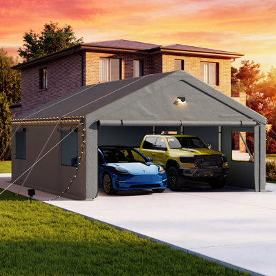 20x20ft Heavy Duty Enclosed Carport with Mesh Windows & Solar Lights – All-Weather Outdoor Shelter for Vehicles