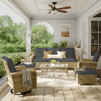 7-Piece Outdoor Wicker Conversation Sofa Set With Swivel Chairs & Ottomans, Patio Furniture Set With Cushions, Coffee Table And Side Table