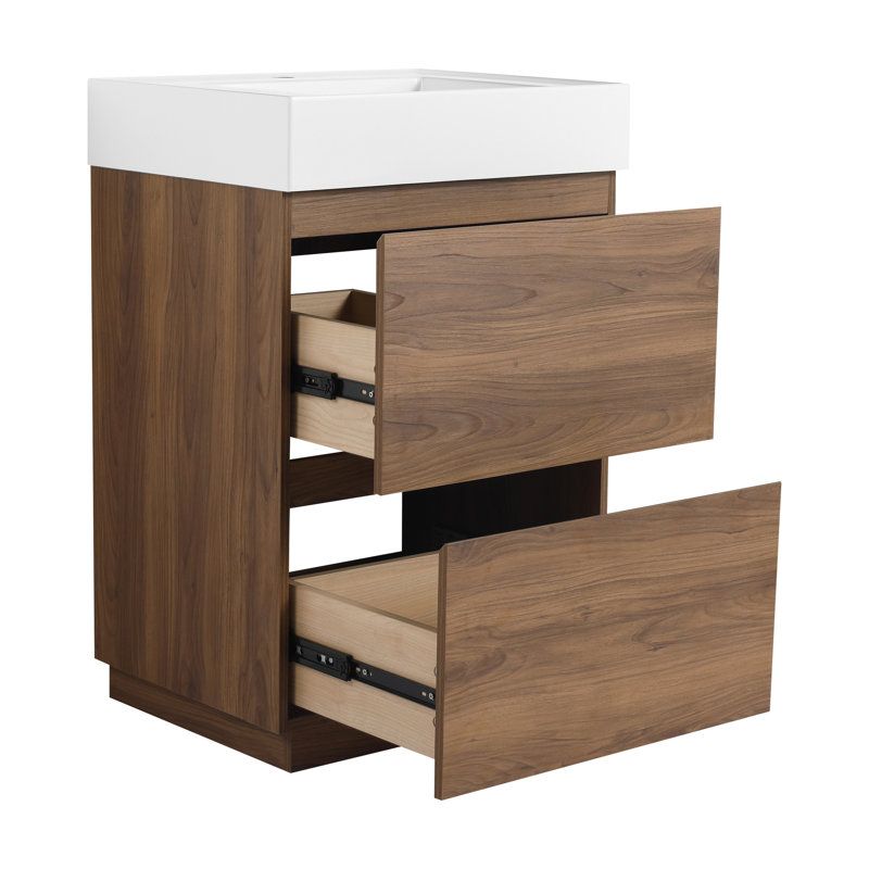 Meuble-lavabo de salle de bain 24 po avec lavabo simple et tiroirs doubles, Brun, 24"