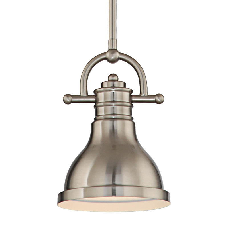 Abbie-J 1-Light Indoor Brushed Nickel Downrod Mini Pendant with 6.5"W Bell-Shaped Bowl, Brushed Nickel